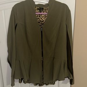 Women’s business casual jacket with 1/2 sheer black sleeve. Olive green leopard